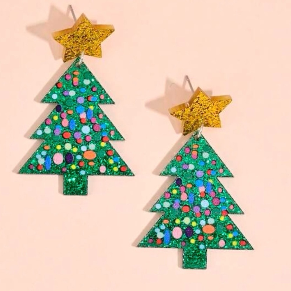 Christmas Tree Earrings Jewelry Glitter Star Colorful Acrylic Dangle Festive New